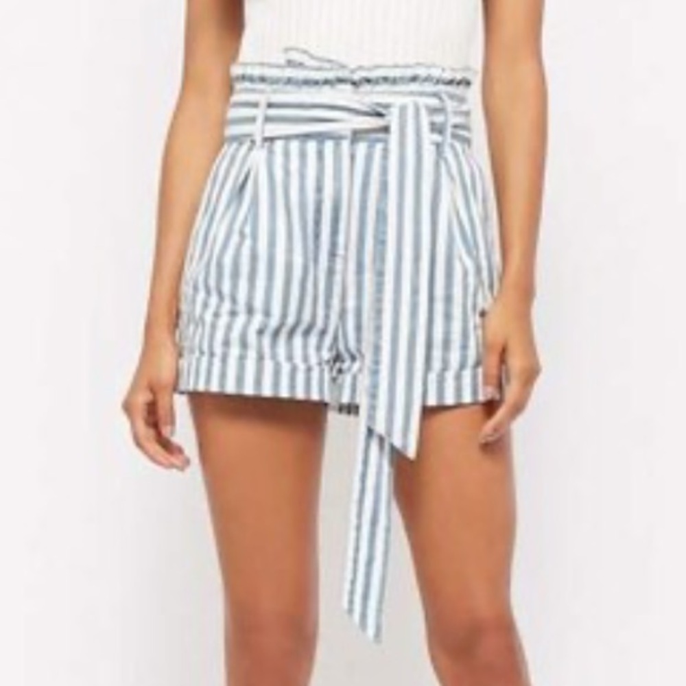 Forever 21 White and Blue Striped High Waist Paperbag Shorts